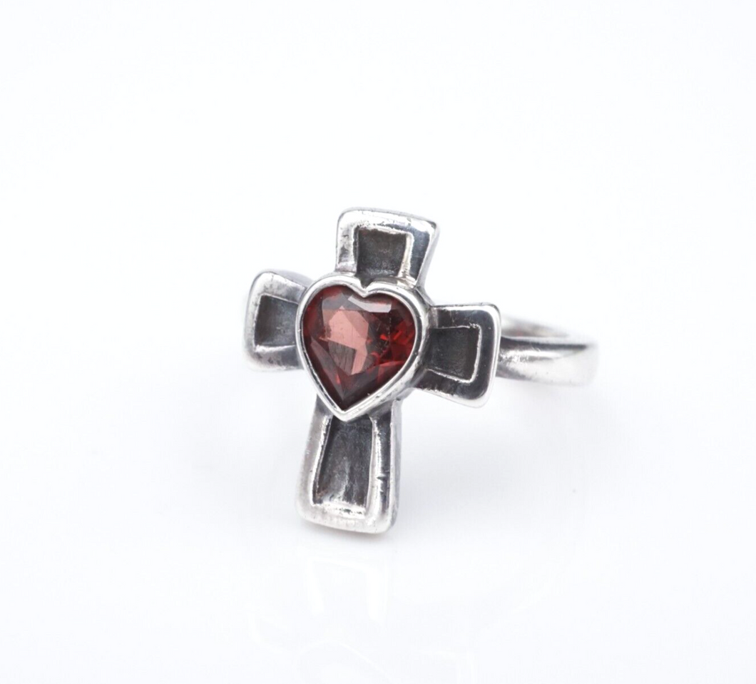 James Avery Red Garnet Heart Cross Birthstone Ring Sterling Silver Size 5 RS3493