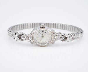 Ladies Vintage 14k Diamond Bulova Watch White Gold 6" 14mm Mechanical Runs W869