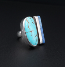 Marvin Slim Navajo Sterling Silver Ring Turquoise Lapis Bypass Size 7.5 RS3530