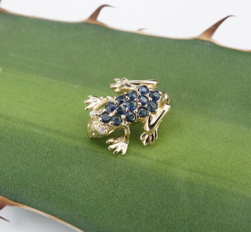 Frog Lapel Pin 14k Sapphire Diamond Brooch 3D Yellow Gold 0.6