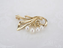 Vintage Mikimoto Pearl Brooch 14k Yellow Gold Ribbon Spray Pin 1.5" OG424