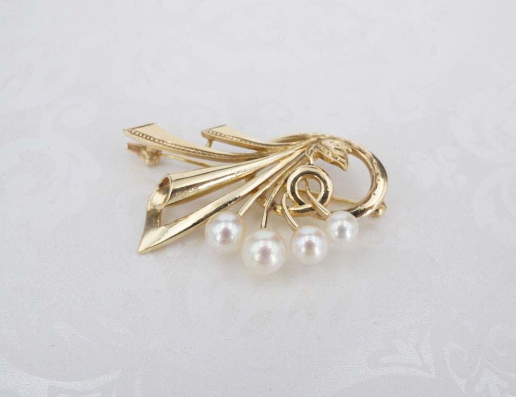 Vintage Mikimoto Pearl Brooch 14k Yellow Gold Ribbon Spray Pin 1.5