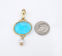 18K Gold Pearl Blue Venetian Glass Intaglio Lion Enhancer Pendant 1.8" PG1785