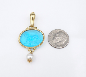 18K Gold Pearl Blue Venetian Glass Intaglio Lion Enhancer Pendant 1.8" PG1785
