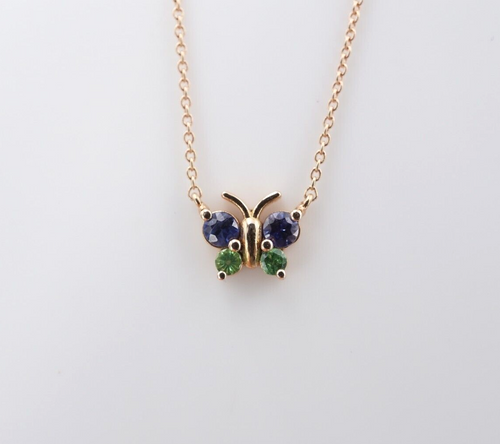 18k Rose Gold Butterfly Pendant Necklace Sapphire Tsavorite 16.5