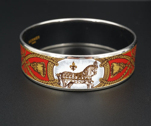Des. Hermes Grand Apparate Platine Wide Bangle Horse Red Enamel Bracelet BS2793