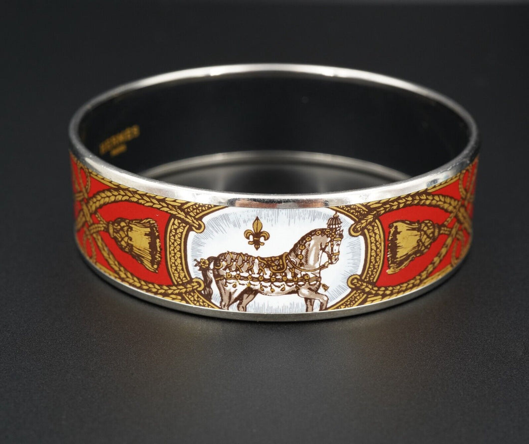 Des. Hermes Grand Apparate Platine Wide Bangle Horse Red Enamel Bracelet BS2793