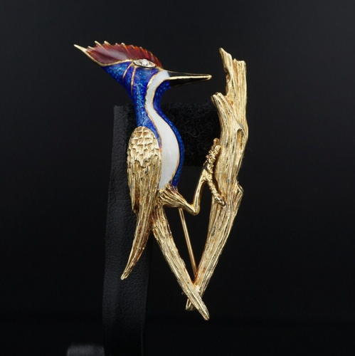 MARTI 14k Bird Pin Brooch Enamel Red White Blue Yellow Gold 2.25