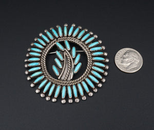 Vintage Zuni Turquoise Brooch Sterling Silver Signed M Beyuka 2.1” OS626