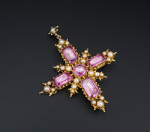 Antique 1850s 18k Yellow Gold Natural Pearl Pink Topaz Cross Pendant 2.4" CO1034