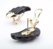 Unique Black Onyx Earrings 14k Yellow Gold 0.9" Carved Wing Feather EG2329