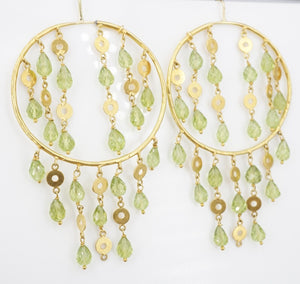 Luxe BOHO 18k Yellow Gold Peridot Open Circles Dangle Hook Earrings 3" EG2147