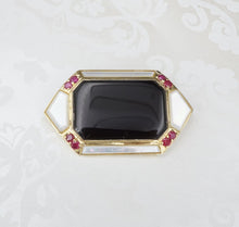 Vintage 14k Yellow Gold Onyx Slab Mother of Pearl Ruby Brooch Pin 1.7" OG442