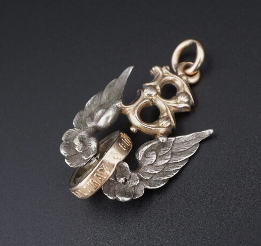 Antique Henry Bartholomay Brewing Pendant Rose Gold & Silver Wings 1.4