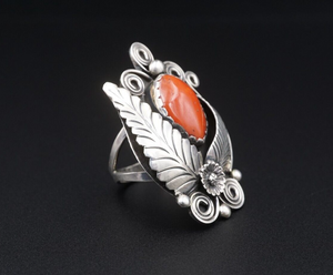 Ornate Navajo Sterling Silver Red Coral Ring Size 8.5 RS3526