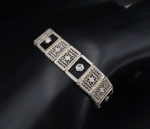 Antique Art Deco Platinum over 14k Gold Onyx Diamond Filigree Bracelet BG790