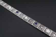 Antique Art Deco 14k White Gold Sapphire Diamond Filigree Bracelet 7.25" BG469