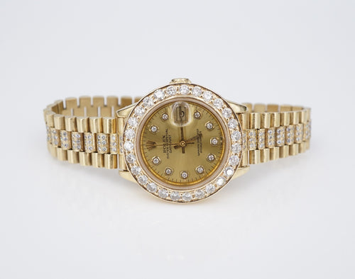 Ladies Rolex 18k Gold Diamond Bezel Bracelet Watch 69178 26mm W1149