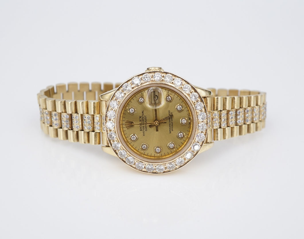 Ladies Rolex 18k Gold Diamond Bezel Bracelet Watch 69178 26mm W1149