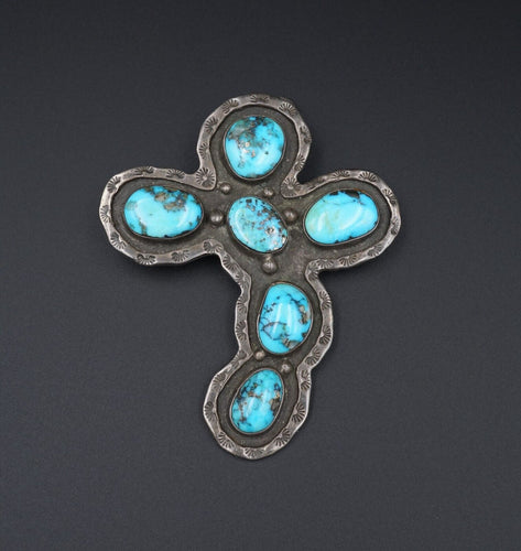 Vintage Rustic Navajo Turquoise Cross Pendant Pin Sterling Silver 3.2