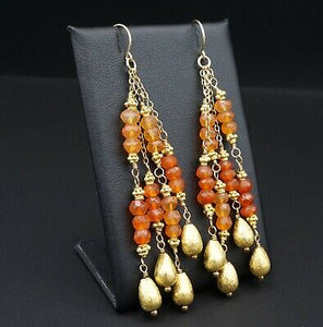 22k Carnelian Dangle Earrings Yellow Gold Bead Drop 3.2" EG1637