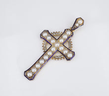 1870's Henry Tessier 18k Natural Pearl Diamond Enamel Cross Pendant w Box CO1032