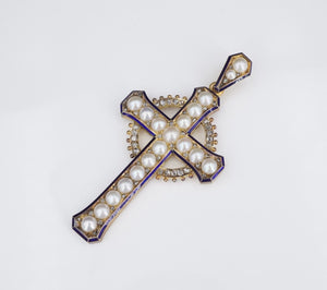 1870's Henry Tessier 18k Natural Pearl Diamond Enamel Cross Pendant w Box CO1032