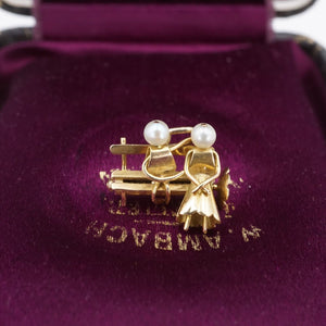 Vintage French 18k Yellow Gold Pearl Two Lovers Park Bench Charm Unique CHS1885
