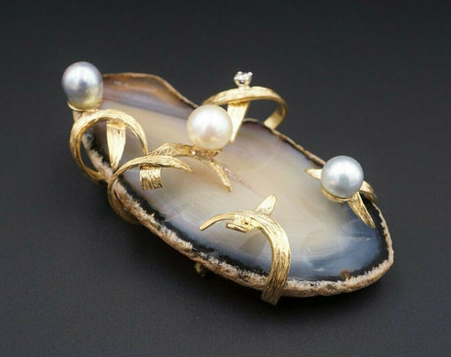 Vintage 18k Gold Pearl Diamond Brooch Pin Pendant Slab Banded Agate 2.7