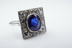 Antique 18K Gold 4ct Blue Ceylon Sapphire Diamond Halo Ring Size 7.25 GIA RG3307