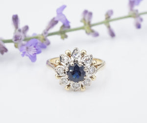 Vintage Sapphire Diamond Halo Ring 18k Yellow Gold British Size 4.25 RG4275