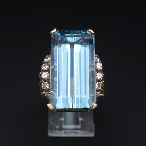 Aquamarine Diamond Vintage Ring Wide Band 15 carat 14k Yellow Gold Size 6 RG4674