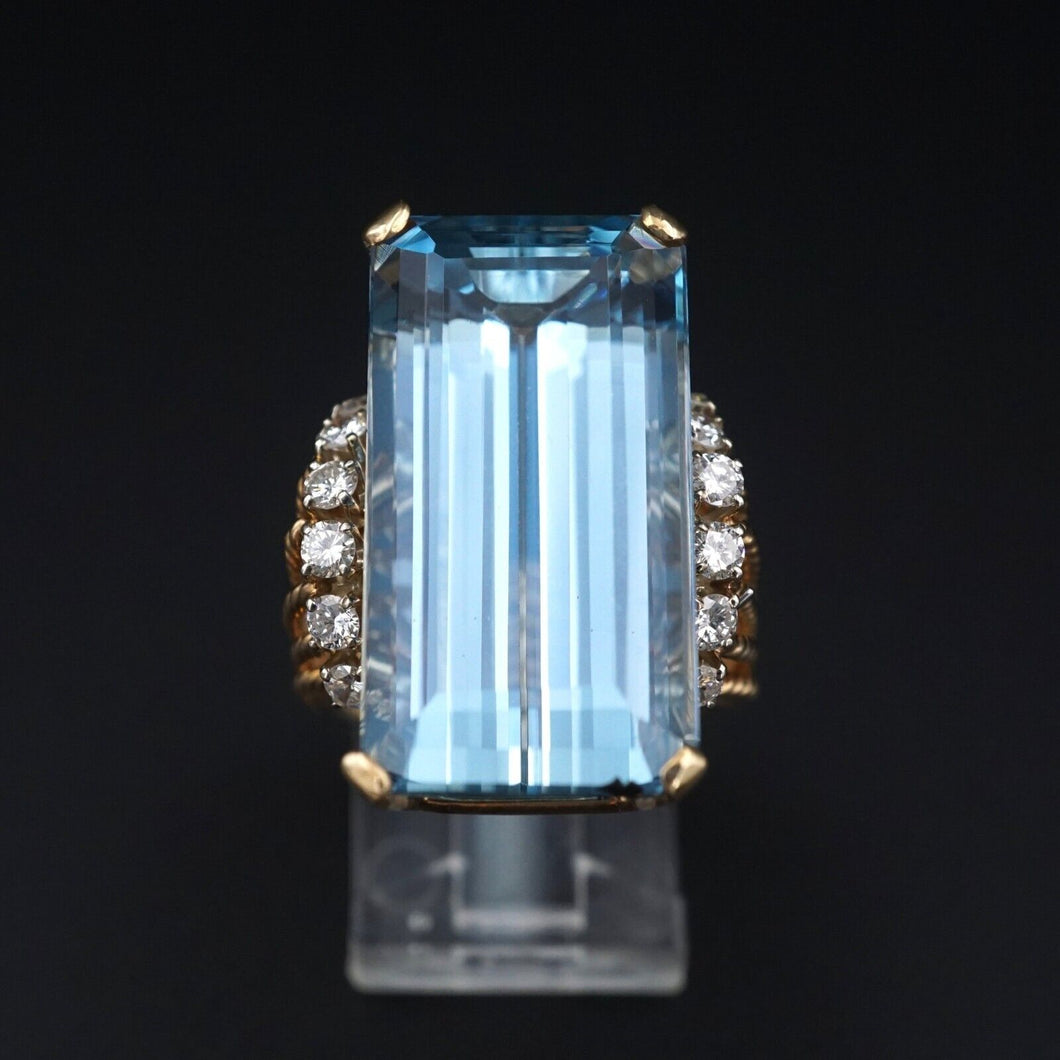 Aquamarine Diamond Vintage Ring Wide Band 15 carat 14k Yellow Gold Size 6 RG4674