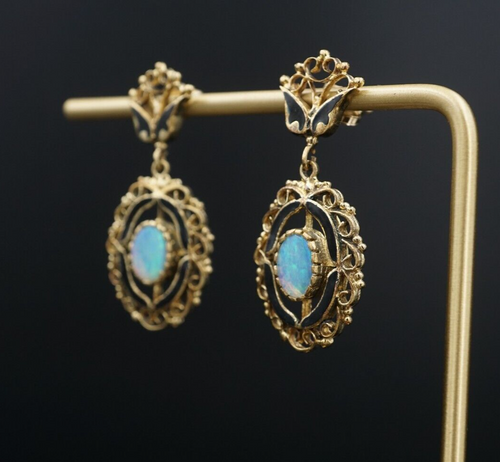 14k Yellow Gold Natural Opal Black Enamel Earrings Dangle 1.5