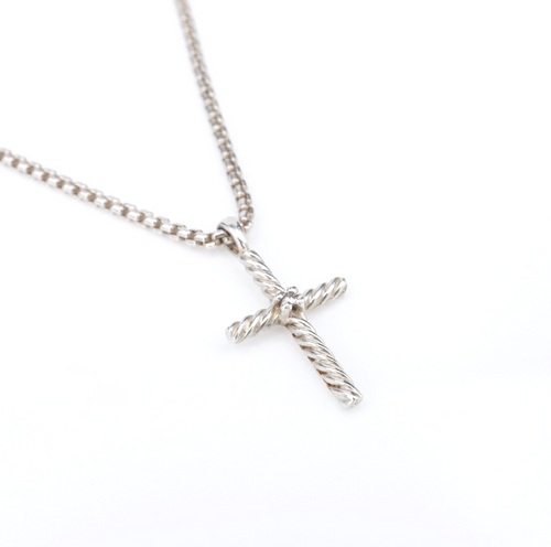 David Yurman Diamond Cross Pendant Necklace 14k Sterling Silver Box 16