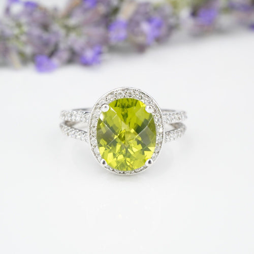 14k Peridot Diamond Cocktail Ring Hidden Halo White Gold Oval Size 7.25 RG3889