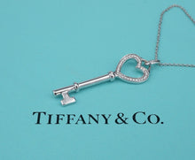 Tiffany & Co 18k Diamond Heart Key Pendant Necklace 1.5" Box White Gold NG1548