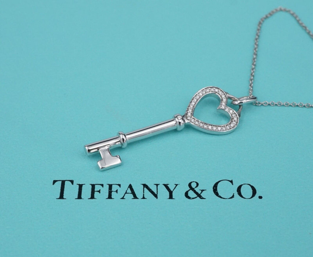 Tiffany & Co 18k Diamond Heart Key Pendant Necklace 1.5