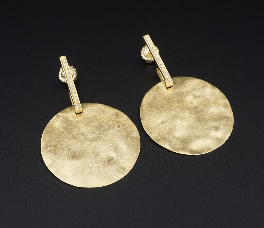 18k Yellow Gold Brushed Disk Diamond Drop Dangle Earrings 2