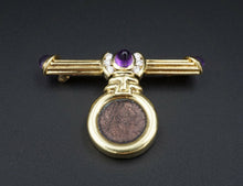 Ancient Coin 18k Yellow Gold Natural Diamond Amethyst Bar Pin Brooch OG357