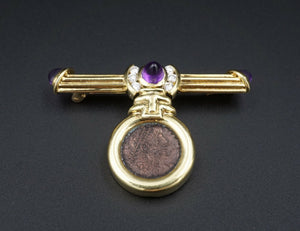 Ancient Coin 18k Yellow Gold Natural Diamond Amethyst Bar Pin Brooch OG357