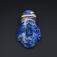 Carved Lapis Tribal Head 18k Gold Natural Diamond 2.4" Pendant BOHO PG1855