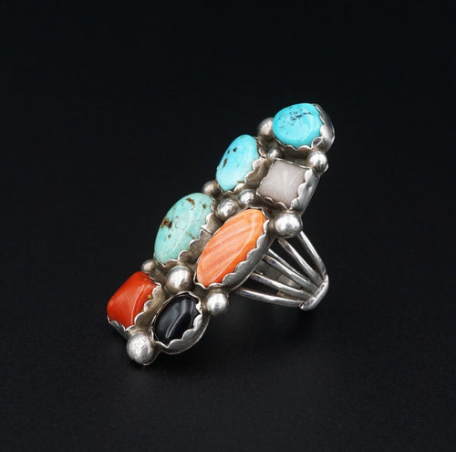 Sterling Silver Turquoise Coral Spiny Oyster Onyx Ring Size 7.75 Vintage RS3596