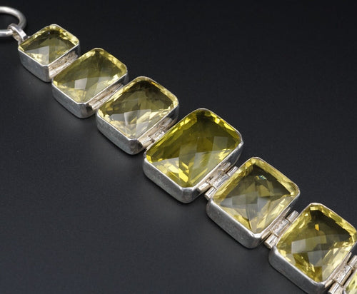 Signed Sj Chunky Sterling Silver Peridot Candy Panel Bracelet 8