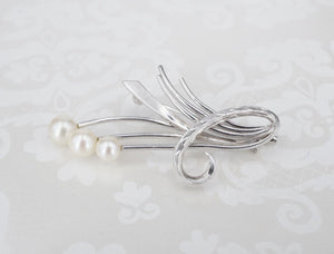 Vintage Mikimoto Pearl Spray Brooch Sterling Silver Ribbon Pin 1.8" OS647