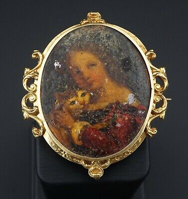 Victorian Miniature Portrait Pin Brooch Lady and Cat French 14k Gold 2