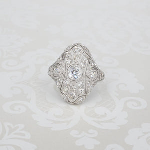 Antique Art Deco Platinum Diamond Pave Cocktail Shield Ring Size 5.75 RG3664