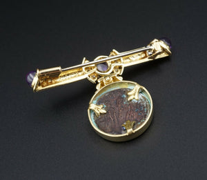 Ancient Coin 18k Yellow Gold Natural Diamond Amethyst Bar Pin Brooch OG357