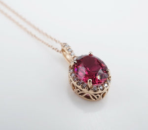 14k Rose Gold Natural Pink Sapphire Diamond Halo Pendant Necklace 16-18" CO697