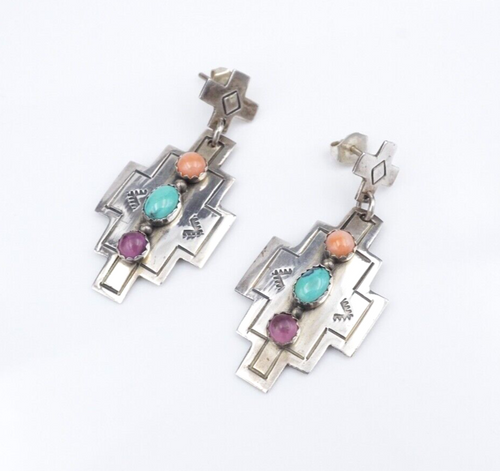 Navajo Earrings Multi-Gemstone Sterling Silver Signed Joe Delgarito 1.5